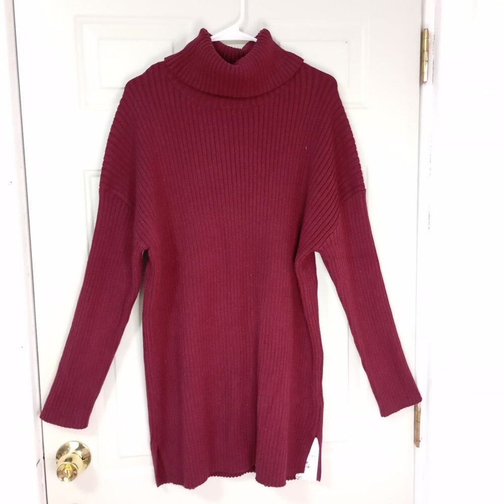 Lillusory Womens Ribbed Turtleneck Sweater Tunic M Burgundy